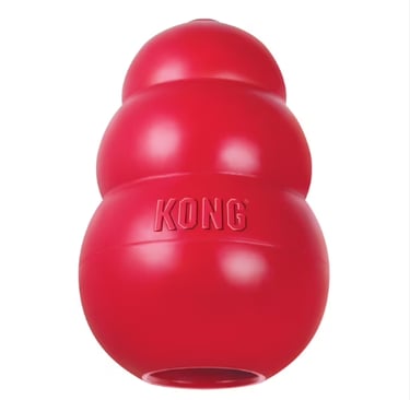 Red KONG Classic natural rubber interactive dog toy for chewing and mental stimulation.