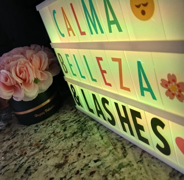 Illuminated lightbox display for a beauty salon featuring pink roses and water bottles on a granite countertop.