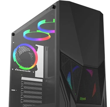 a black computer case with a rainbow colored leds