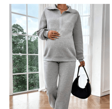 Two-piece maternity thermal set with zip-front long sleeve top and matching pants, soft winter loung
