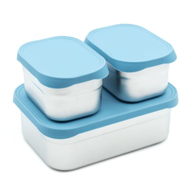 WeeSprout 3-piece nesting stainless steel food storage containers with colorful silicone lids.