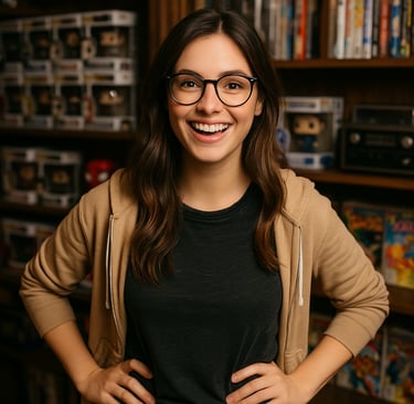 a woman in glasses and a black top
