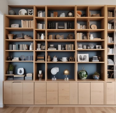 a room with a wooden bookcase and a clock Nour Nagy Designs London interior Design