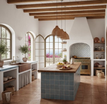 Cocina moderna mediterránea a medida con azulejos, isla en acabado mármol y madera