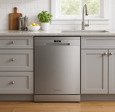 Blomberg dishwasher installed in a modern kitchen with gray cabinets and a white tile backsplash.