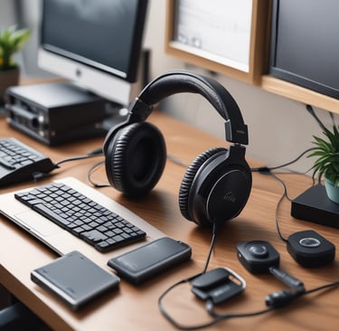A professional headset placed next to a computer monitor.