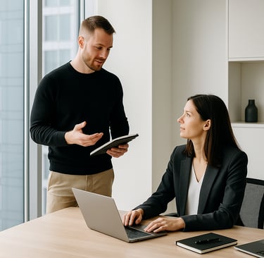 a man and woman sitting at a table with a laptop