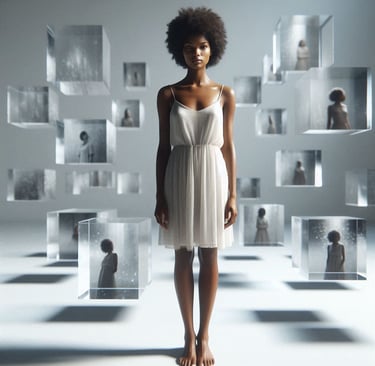 Artistic silhouette of woman carrying emotional weight, dark to light background