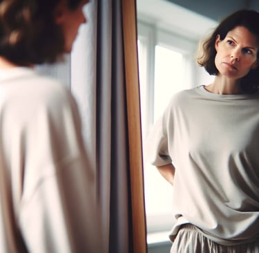 A woman in front of a mirror, slightly slouched, looking at herself with a skeptical expression