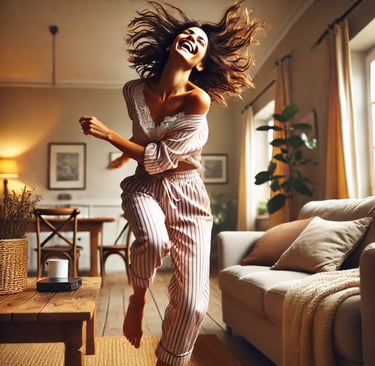 A joyful, carefree woman dancing in their living room, in pajamas, laughing.