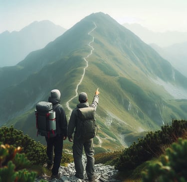 two people standing on a mountain top one guiding the way to the other