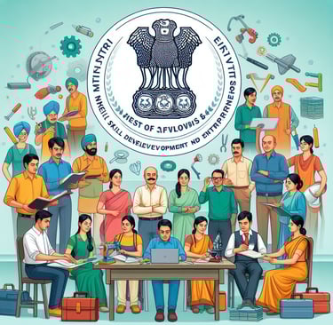 Diverse group of individuals participating in vocational training, Ministry of Skill Development and Entrepreneurship logo in