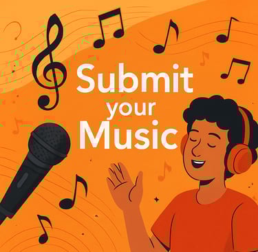 Submit your music, guy enjoying music, microphone, headphones and music symbols.