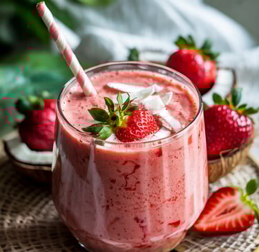 Creamy strawberry coconut smoothie in a glass topped with fresh strawberries and coconut flakes
