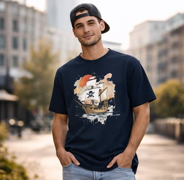 A man wearing a navy blue graphic t-shirt featuring a pirate ship illustration in a city setting.