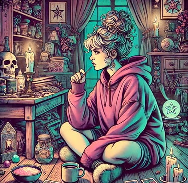 a woman sitting on a table with a cup of coffee