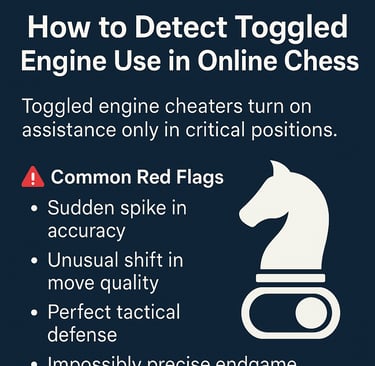 Informational graphic showing how to detect toggled engine use in online chess with warning signs.
