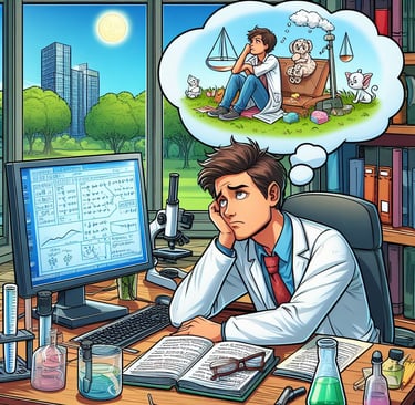 Un cientítico cansado se imagina disfrutando de su tiempo libre.