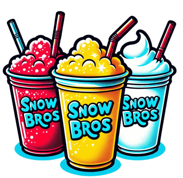 In a row, two slushies and a milkshake with business name "Snow Bros".