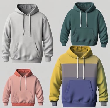 Several graphic sweatshirts are hanging on display outdoors. The clothes have various designs and logos, with some referencing San Francisco. They are arranged in a row under a bright yellow awning.