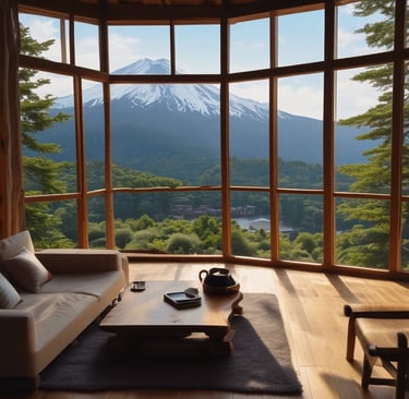 a living room with a view of a mountain