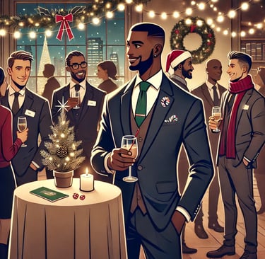 a man in a suit and tie is standing in front of a christmas tree
