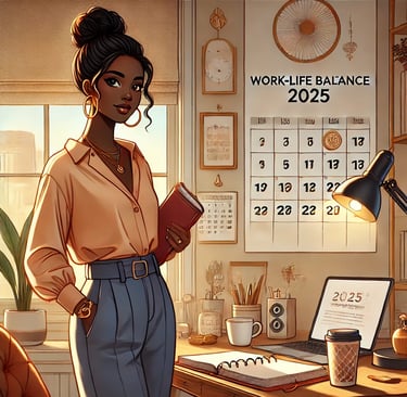 a woman standing in front of a desk with a laptop and a cup of coffee