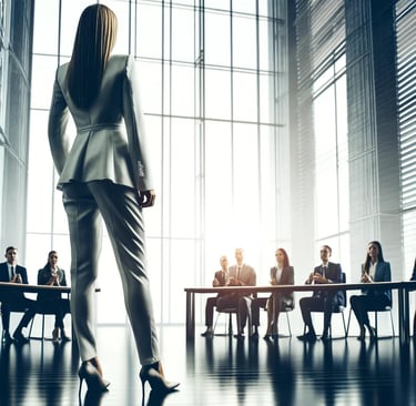 a woman in a suit and heels standing in front of a table with a group