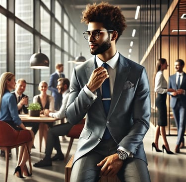 a man in a suit and tie is standing in a room