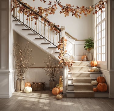 a staircase way with pumpkins and autumn garlands