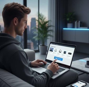 Seorang pelanggan berbelanja online melalui laptop di sofa, layarnya menampilkan keranjang belanja.