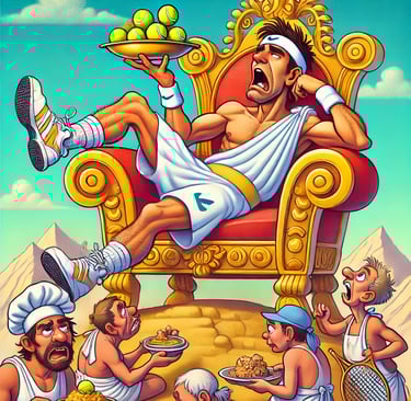 a cartoonish looking tennis god sitting on a throne with a tray of tennis balls at Mount Olympus