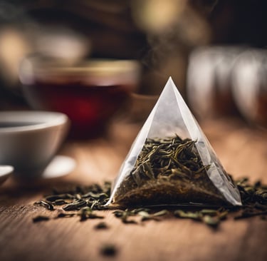 On a wooden table pyramid shaped tea bag with cups of tea in it
