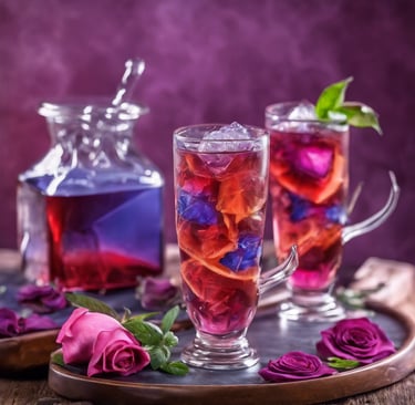 a glass of EMINENT Ice Tea with a pitcher of Ice Tea, roses and mint leaves