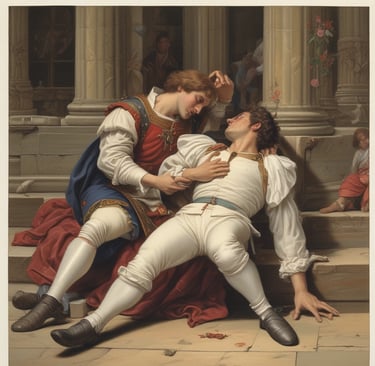 Romeo comforting Mercutio as he lays dying after a swordfight