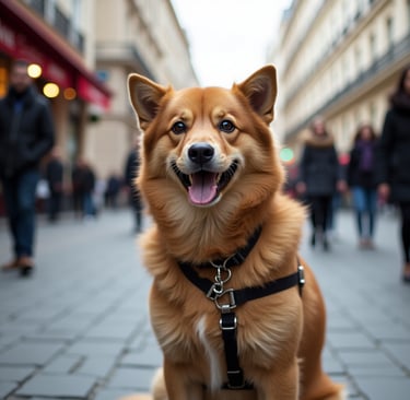 A red-haired dog sits on the Parisian street and waits.