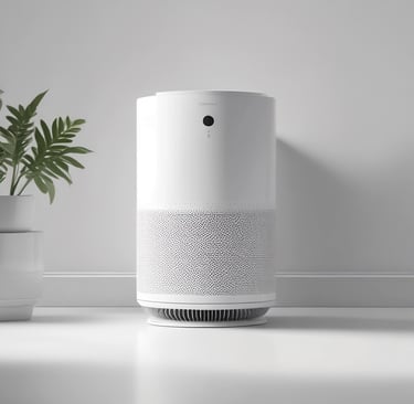 Sleek air purifier and green plant against a grey wall for a clean, non-toxic home.