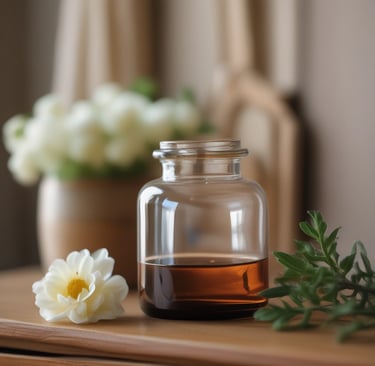 a bottle of liquid in a glass jar with a flower