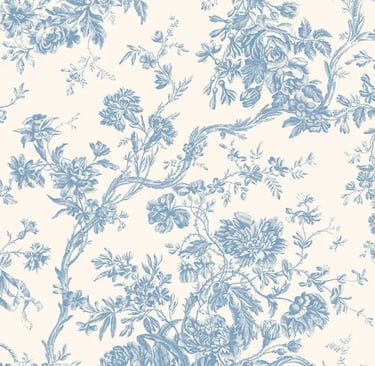 Toile de Jouy floral bleu ciel sur fond blanc