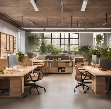 a large open office with a desk and a computer- Clayworks Shankara