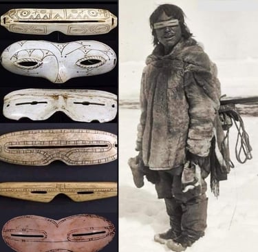 Collage de antiguos lentes de sol inuit y un cazador inuit usándolos.