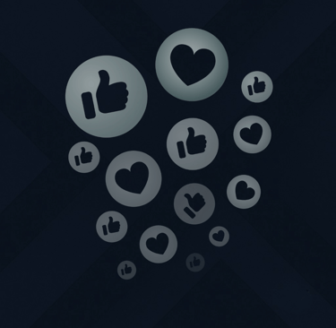 Minimal icons of thumbs up and hearts in circles, symbolizing social media engagement.