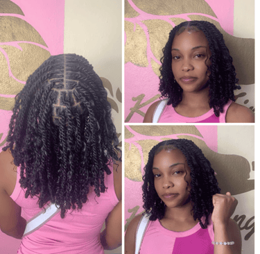 invisible locs twist with curls, done at Kwik Fingaz Beauty Salon in Montego Bay.