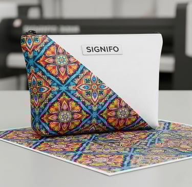 Hasil cetak sublimasi tajam dan berwarna di atas pouch dari bahan kanvas polyester SIGNIFO.