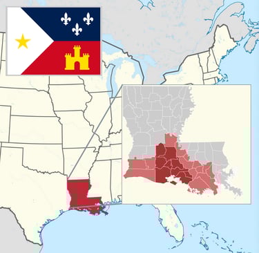 carte de la louisiane avec la zone francophone mise de l'avant