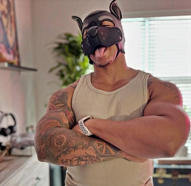  man poses in a pup mask.