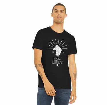 a man wearing a black t - shirt with a white wolf head