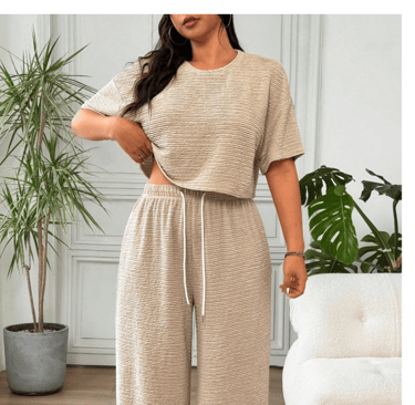 Apricot SHEIN plus-size two-piece casual suit with dropped shoulder blouse and drawstring waist pant