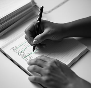 Editorial image showing a single pair of hands repeatedly writing in a notebook to represent mindset