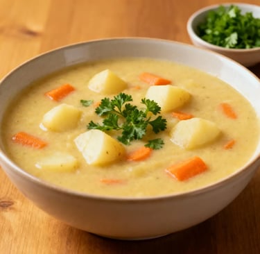  Cremige Kartoffel-Möhren-Suppe in einer Schale, mit Sahnetupfer  und frischer Petersilie garniert.